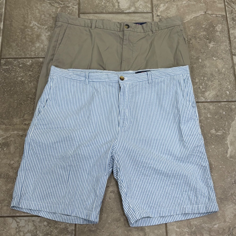 Vineyard Vines Mens 40 Breaker Shorts Lot 2 Khaki Tan Blue Seersucker Stripe